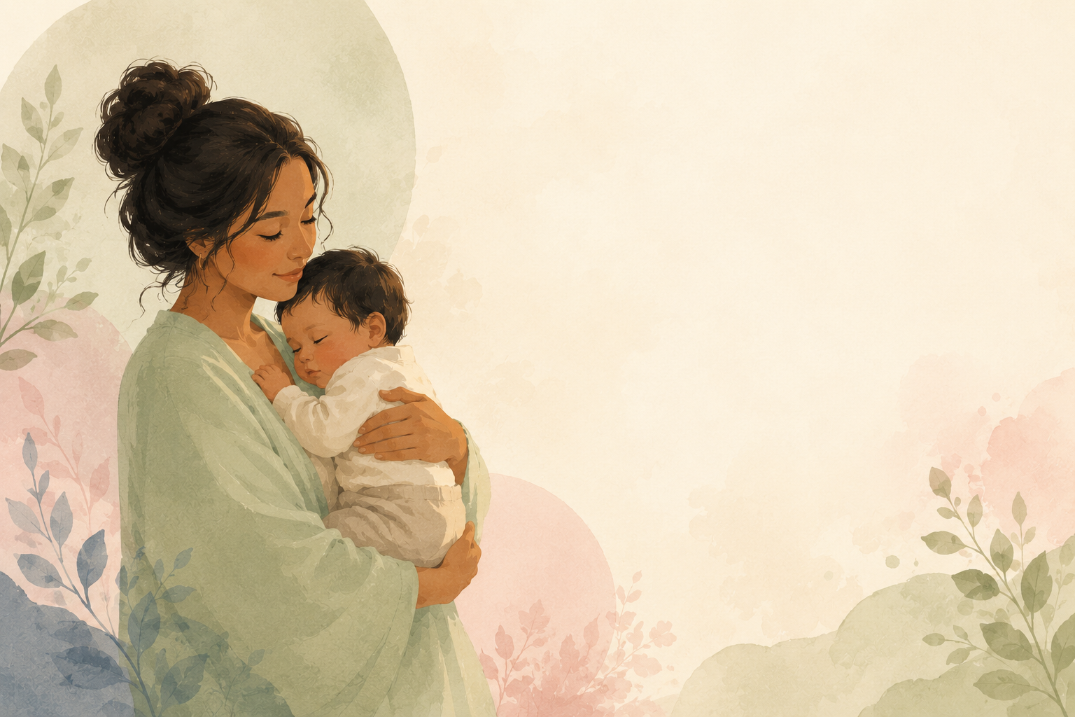 Warm illustration of a mother holding her child in soft light