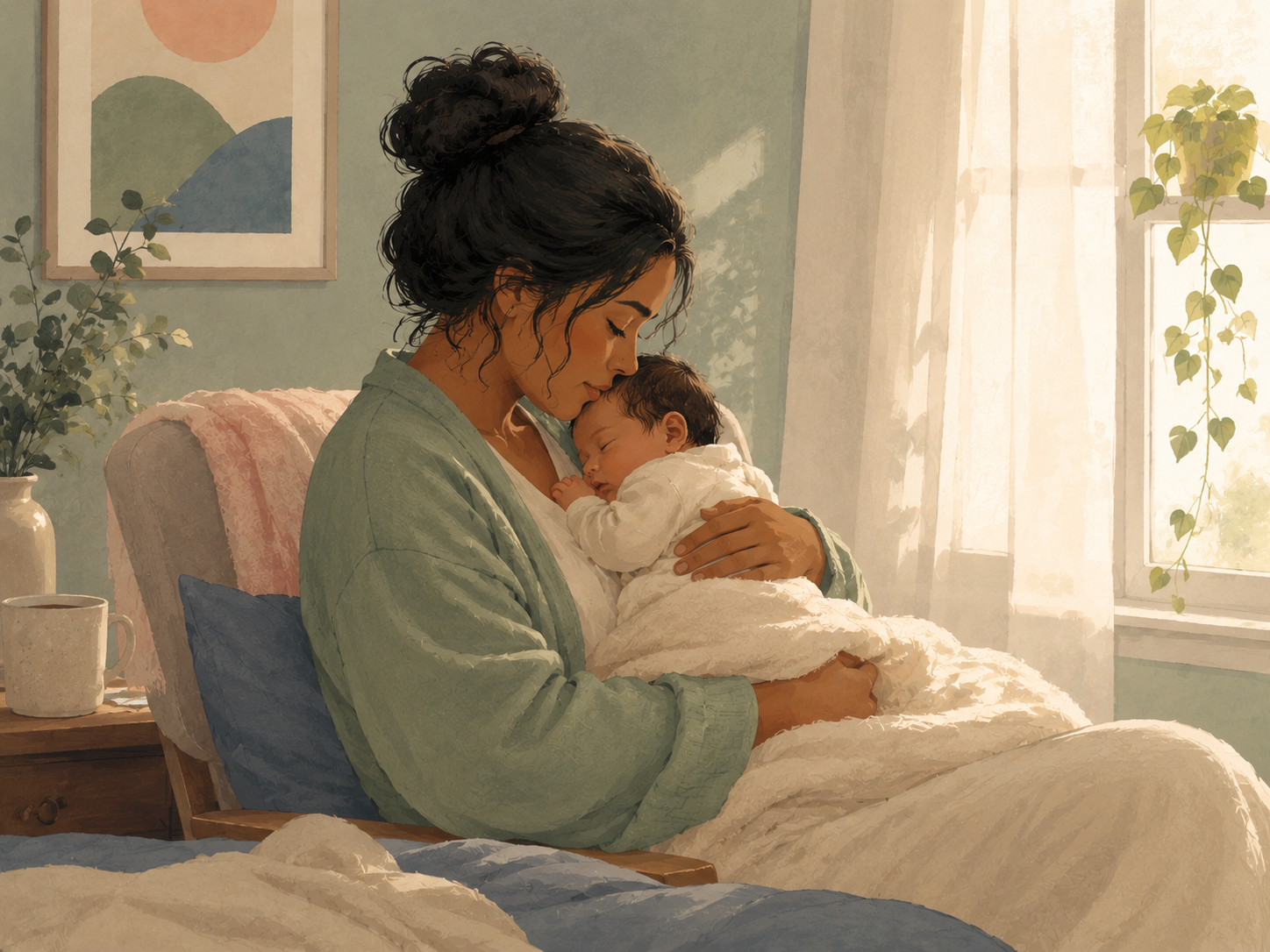 Soft illustration representing the postpartum period