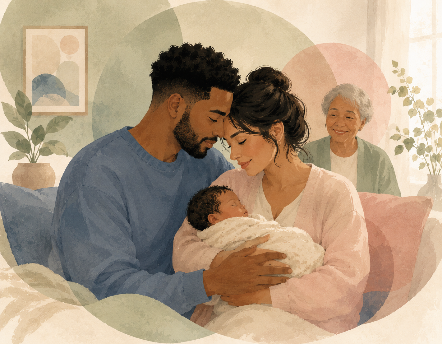 Illustration of a couple and family supporting each other